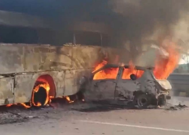 Screen grab from video posted by X/ANI : The accident took place on Yamuna Expressway in Mathura, Uttar Pradesh