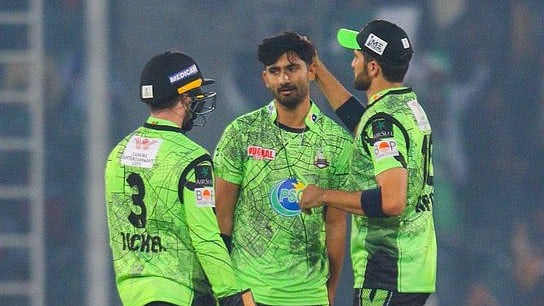 (Photo: X|@lahoreqalandars) : Lahore Qalandars team in action for their first match of PSL 2024. 