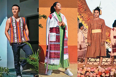 A model in design house Oro Bruk’s Arunachali outfit; (middle, right) Sustainable fashion label Johargram picks local talent as models