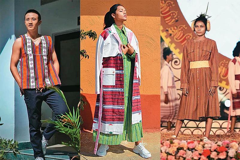 A model in design house Oro Bruk’s Arunachali outfit; (middle, right) Sustainable fashion label Johargram picks local talent as models 