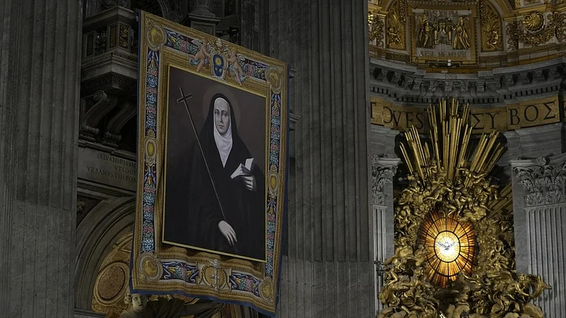 A tapestry with the image of new Argentine Saint, María Antonia de Paz y Figueroa also known as Mama Antula is hung inside St. Peters Basilica at The Vatican.