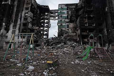 A playground is seen next to a destroyed apartment building on April 9, 2022 in Borodianka, Ukraine.