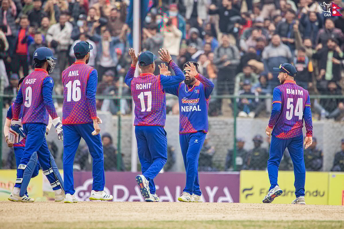X/CricketNep : Nepal in action during their match against Namibia in the ICC Men's Cricket World Cup League 2 in Kirtipur.