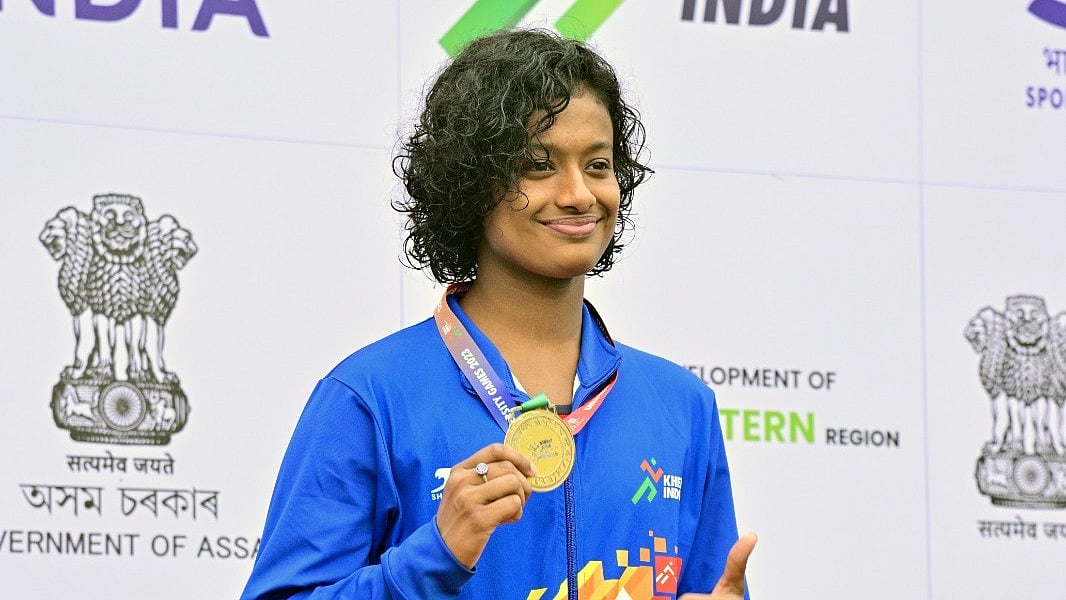 Khelo India : Bhumi Gupta from Chandigarh university after winning a gold medal in 200m individual medal.