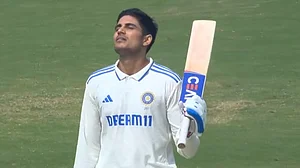 Photo: X/mufaddal_vohra : Shubman Gill looks to the heavens as he brings up his 3rd Test ton.