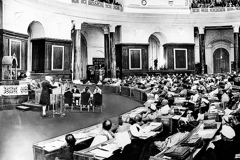Historic Moment: Jawaharlal Nehru moves the resolution for an independent sovereign republic in the Constituent Assembly - Photo: Corbis