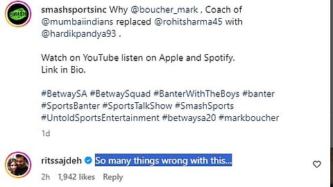 Ritika Sajdeh posts a comment on the podcast featuring Mark Boucher