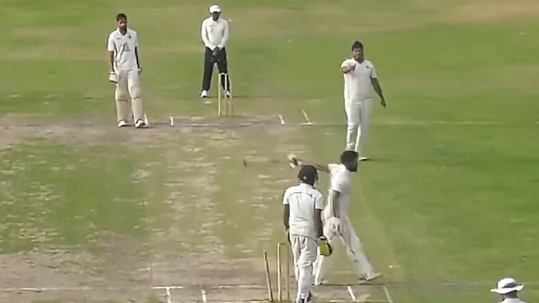 In the first video, a right-handed batter is seen leaving the ball coming straight to his stumps as he then walked off the field. In the second video, a left-hander came out of the crease to an wide delivery to be stumped. - Screenshot