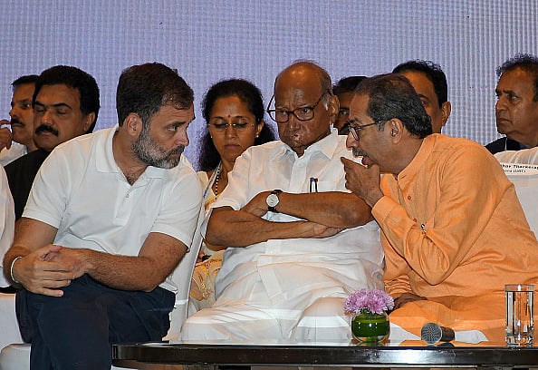 (Photo by Ashish Vaishnav via Getty Images) : (L-R) Rahul Gandhi, NCP chief Sharad Govindrao Pawar (C), and Shiv Sena (UBT) chief Uddhav Thackeray interact during the INDIA alliance press conference in Mumbai. (Representative Image)