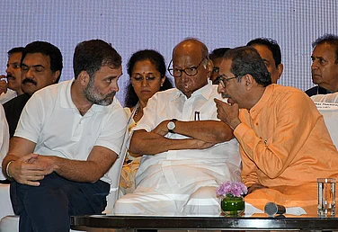 (Photo by Ashish Vaishnav via Getty Images) : (L-R) Rahul Gandhi, NCP chief Sharad Govindrao Pawar (C), and Shiv Sena (UBT) chief Uddhav Thackeray interact during the INDIA alliance press conference in Mumbai. (Representative Image)
