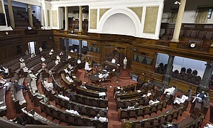 Getty Images : Newly elected Members of Rajya Sabha maintain social distance during the oath ceremony at the Parliament House in 2020 (Representative image)