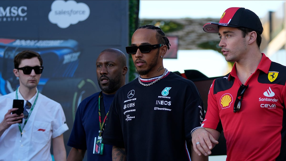 (AP Photo/Hassan Ammar, File) : Mercedes driver Lewis Hamilton of Britain, left, and Ferrari driver Charles Leclerc of Monaco arrive to speak to media ahead of the Formula On Saudi Arabian Grand Prix in Jeddah, Saudi Arabia, Thursday, March 16, 2023.