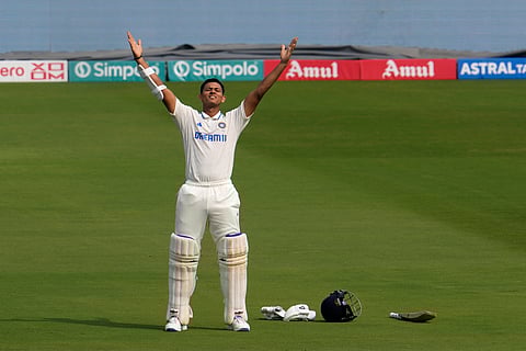 Yashasvi Jaiswal celebrates his double century on the second day of the second Test match between India and England, in Visakhapatnam.