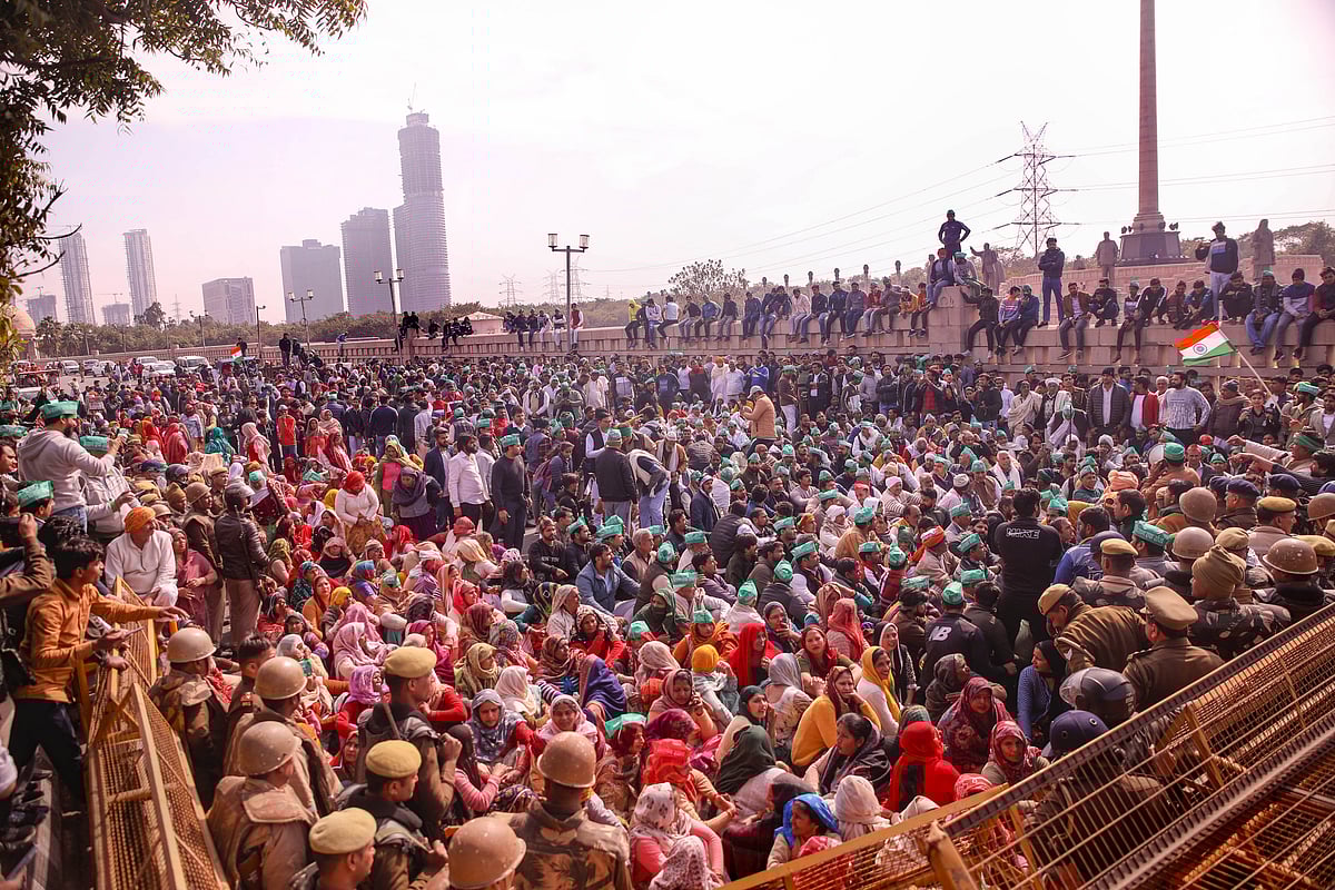 Noida: Farmers during a protest march to the national capital, in Noida, Thursday, Feb. 8, - PTI