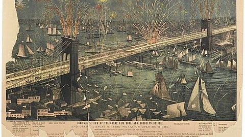 Brooklyn Museum - Bird's-Eye View of the Great New York and Brooklyn Bridge and Grand Display of Fire Works on Opening Night.