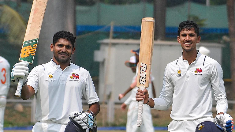 Mumbai's Tanush Kotian and Tushar Deshpande became the first pair to score centuries at No. 10 and 11 in the history of the Ranji Trophy during their quarter-final against Baroda in Mumbai on February 27, 2024. - -PTI
