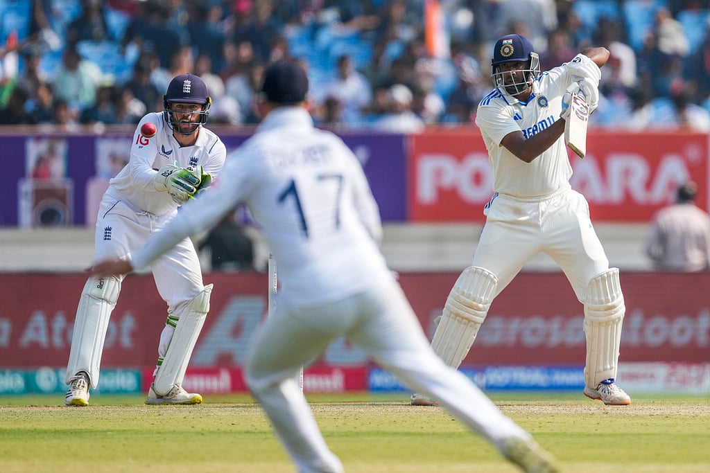 (AP/ Ajit Solanki) : IND vs ENG, 3rd Test: Ravi Ashwin plays a shot in Rajkot