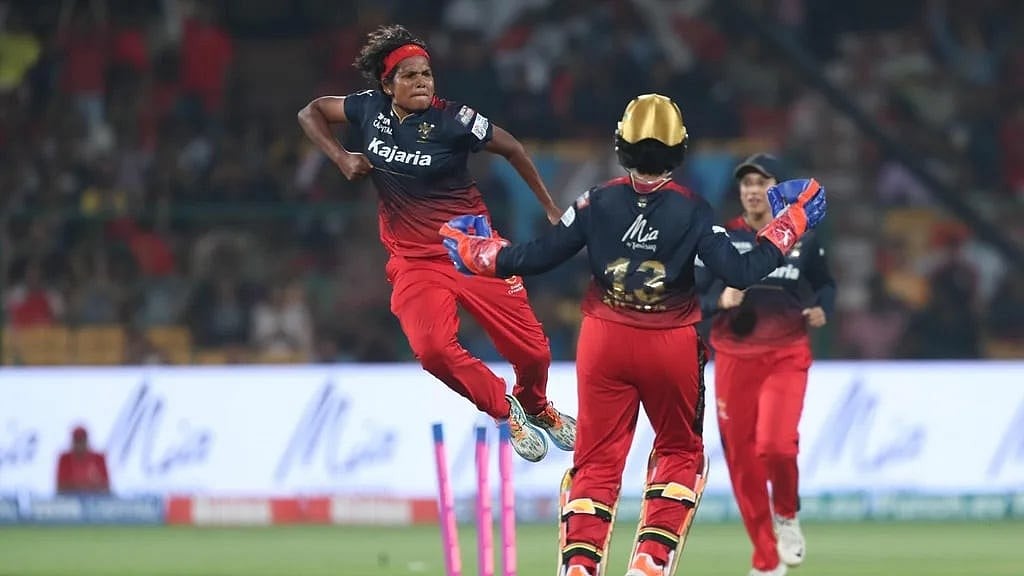WPL T20 website : Royal Challengers Bangalore's Asha Sobhana (left) celebrates a wicket during their Women's Premier League 2024 match against UP Warriorz at the M Chinnaswamy Stadium on February 24.
