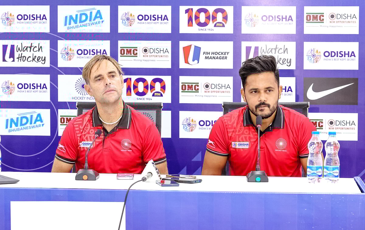 Photo: Hockey India : India captain Harmanpreet Singh and coach Craig Fulton at a press conference ahead of their FIH Pro League 2023-24 match against Spain in Bhubaneswar.