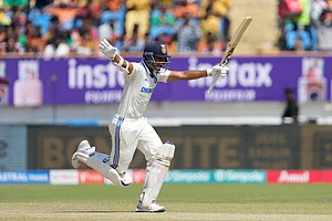 (Photo: AP/ Ajit Solanki) : IND vs ENG, 3rd Test: Yashasvi Jaiswal celebrates his double century