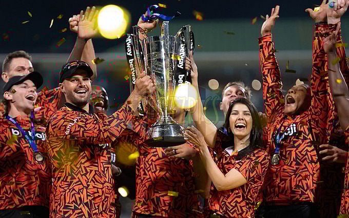 Kavya Maran and Sunrisers Eastern Cape players celebrate with the SA20 trophy in Cape Town on February 10, 2024. - (Photo: X/Mufaddal Vohra)