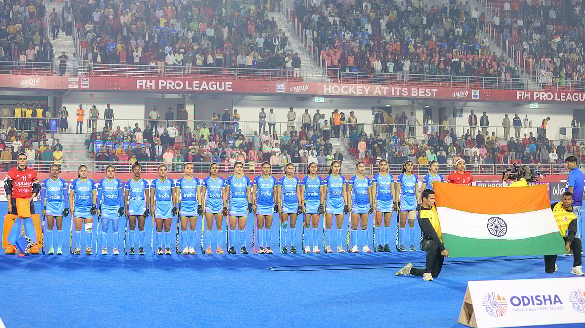 Hockey India : The Indian women's hockey team stand in attention for the national anthem ahead of their clash against Netherlands at the FIH Pro League 2023-24 in Rourkela.