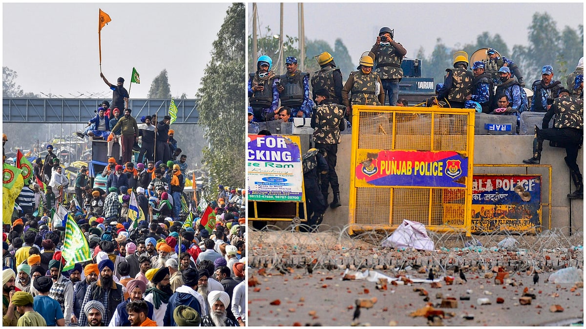 PTI/File : Protesting farmers and security personnel at Punjab-Haryana Shambhu border 