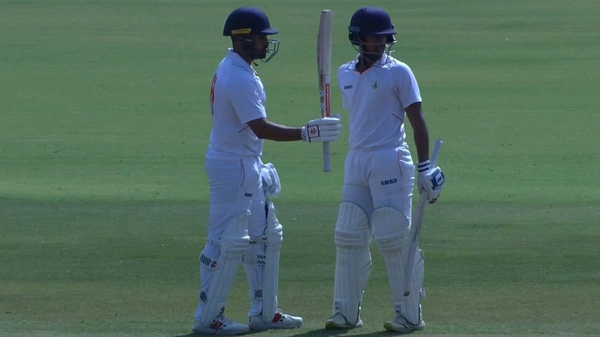 Photo Courtesy: X/ @BCCIdomestic : Vidarbha's Karun Nair after scoring fifty on Day 2 of the Ranji Trophy 2023-24 quarterfinal match against Karnataka.