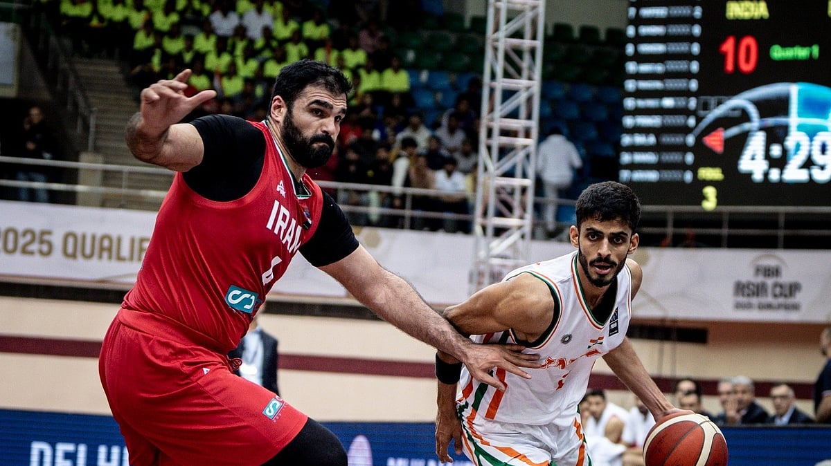 Photo: FIBA : The Indian basketball team in action against Iran at the FIBA Asia Cup Qualifiers 2025 in New Delhi on Monday, February 26.