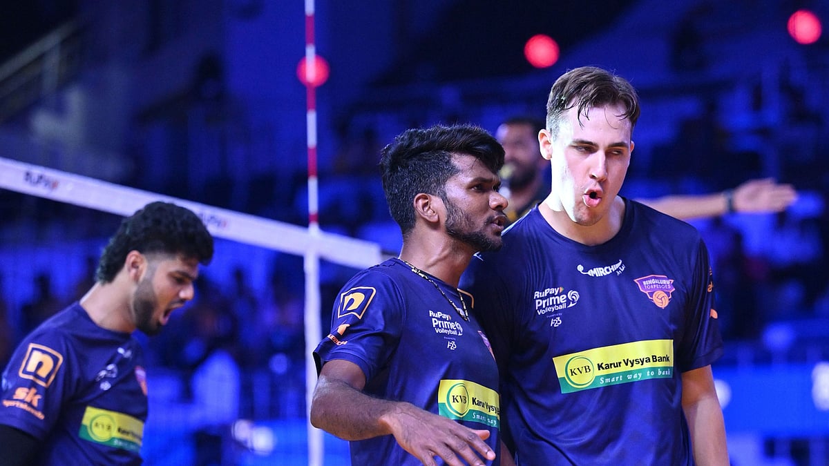 Thomas Heptinstall (right) in action for Bengaluru Torpedoes during the Prime Volleyball League 2024 in Chennai. - Prime Volleyball League