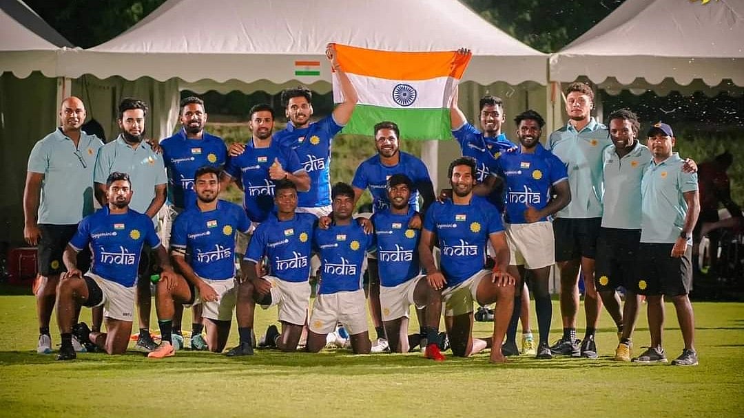 Photo Courtesy: X/ @Narender_S_Mor : Indian National Rugby Team with support staff and coaches.