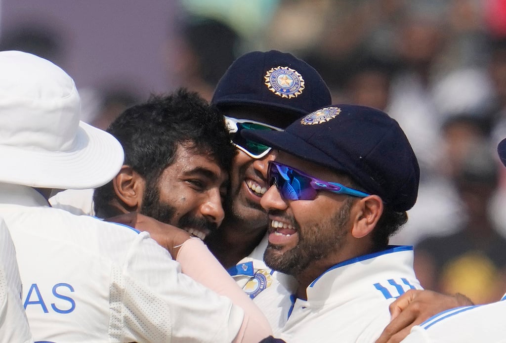 Photo: AP/Manish Swarup : Jasprit Bumrah celebrates the wicket of Ben Foakes after taking his catch on the fourth day of the second cricket Test match between India and England in Visakhapatnam.