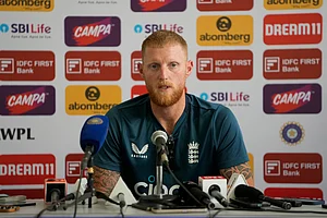 (AP Photo/Ajit Solanki) : England National Cricket team captain, Ben Stokes speaks during a press conference on the eve of the third cricket test match against India in Rajkot, India, Wednesday, Feb. 14, 2024.