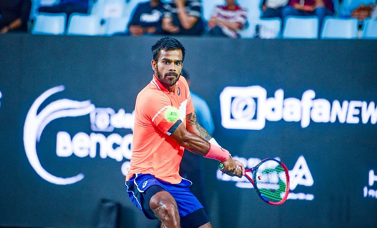 India's Sumit Nagal in action during his singles semi-final match against Italy's Stefano Napolitano at the Bengaluru Open ATP Challenger 2024 on Saturday, February 17 at KSLTA Stadium. - Bengaluru Open
