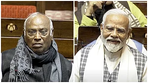 Photo credit: Screen grab DD/YouTube : Congress president Mallikarjun Kharge (L) and PM Modi in Rajya Sabha on Wednesday, Feb 7 |