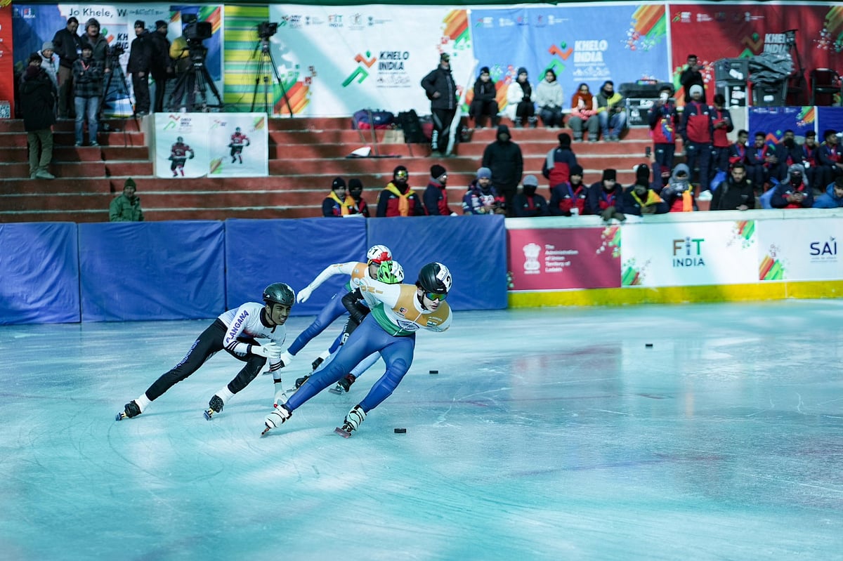 Action from the under-17 boys short track (300 metres) speed ice skating event at the NDS Stadium in Leh on Friday, February 2, 2024. - Photo: DIPR, Ladakh