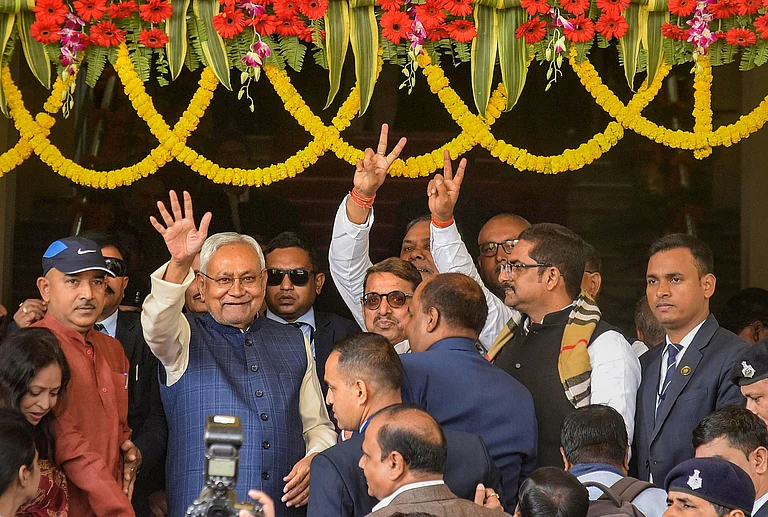 Bihar CM Nitish Kumar at state assembly for floot test. - PTI
