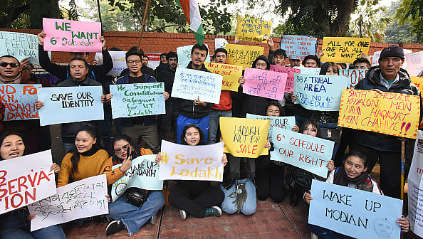 Getty Images : Members of the Ladakh Students Association Delhi during a mass protest demanding the 6th schedule for the Union Territory of Ladakh at Delhi.