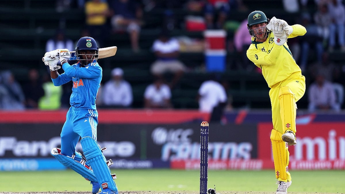 Photo Courtesy: ICC : Murugan Abhishek of India plays a shot during their ICC Men's U-19 Cricket World Cup 2024 final against Australia in Benoni, South Africa.