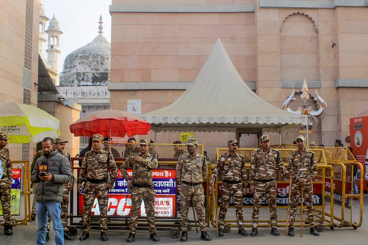 PTI : Varanasi: Security personnel stand guard at the Gyanvapi mosque on Wednesday, Jan 31 |