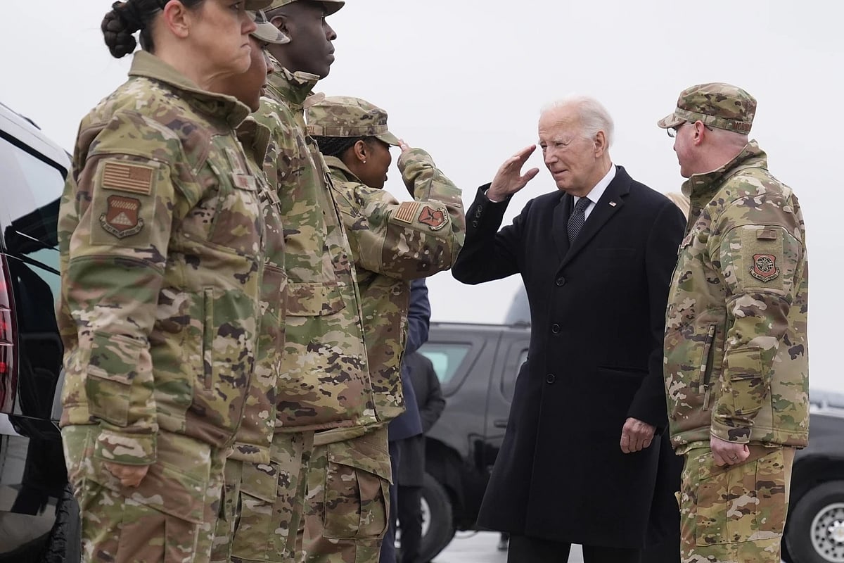 AP Photo/Alex Brandon : President Joe Biden greets service members after arriving at Dover Air Force Base, Del Friday, Feb. 2, 2024.
