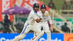AP Photo/Ajit Solanki : Dhruv Jurel plays a shot on the second day of the fourth Test match between England and India in Ranchi.