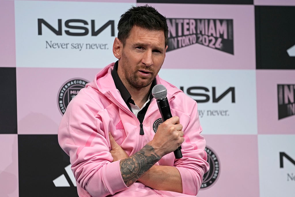 Photo: AP/Shuji Kajiyama : Inter Miami's Lionel Messi speaks during a press conference at a hotel, ahead of his team's friendly football match against Vissel Kobe in Tokyo.