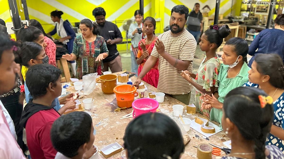 Students working on basic skills such as casting, welding, etc, needed to develop their prototype at the Quest Alliance Advanced Inter-School Hackathon.