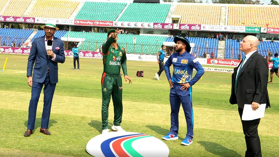 X/Sri Lanka Cricket : Captains Najmul Hossain Shanto (second from left) and Kusal Mendis (third from left) at the toss for the second Bangladesh vs Sri Lanka ODI in Chattogram on Friday (March 15).