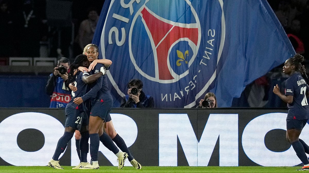 PSG's Tabitha Chawinga, left, celebrates with her teammates after scoring a goal during their UEFA Women's Champions League 2023-24 quarter-final, second leg, match against BK Hacken at Parc des Princes in Paris on March 28, 2024. - AP/Thibault Camus