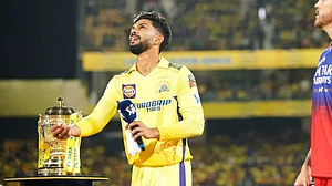 (Photo: IPL) : CSK captain Ruturaj Gaikwad during the toss of the 2024 IPL opening match against RCB on March 22, Friday.