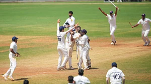 PTI/Shashank Parade : Mumbai players celebrate their Ranji Trophy 2024 final victory against Vidarbha, at the Wankhede Stadium on March 14.