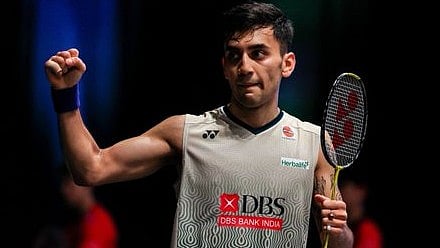 (Photo: X| BAI Media) : Lakshya Sen celebrates win over Anders Antonsen in the round of 16 at the All England Open 2024. 