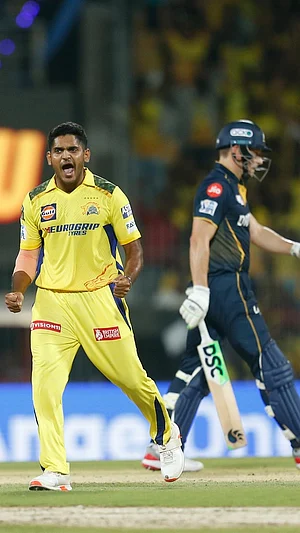 AP : CSK's Tushar Deshpande celebrates a wicket.